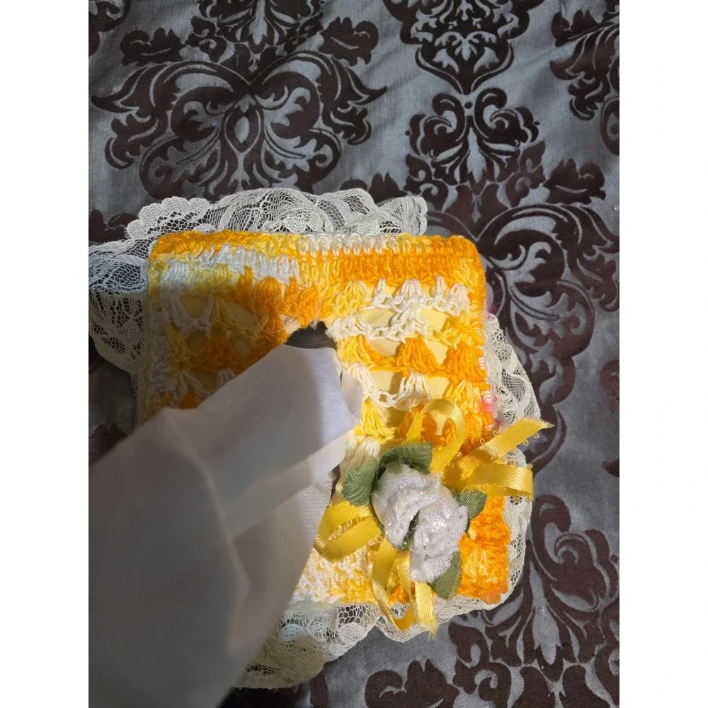 Vintage Tissue Box Cover Cozy Handmade Crochet Orange Yellow White
